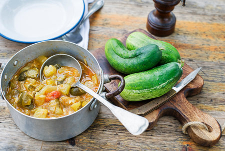 Eating Slovenian traditional dish with cucumber sauce in red. Freshly picked cucumbers from the garden. Summer foodの写真素材