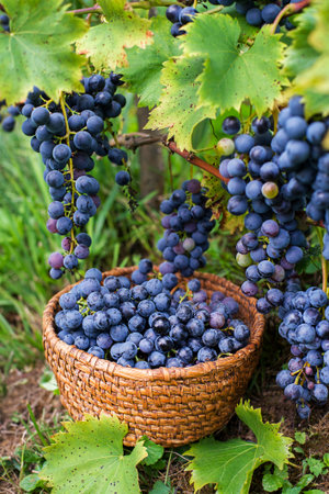 Grapes harvest. Harvested blue grapes in to basket.の写真素材