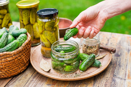 Woman hands pickled cucumbers in glass jar from home garden. Pickled Cucumbers in glass jar. Homemade cucumber picklesの写真素材