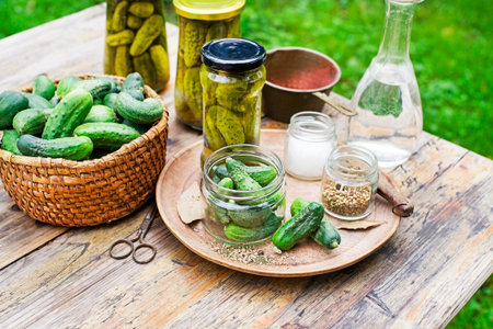 Pickled cucumbers in glass jar from home garden. Homemade cucumber picklesの写真素材