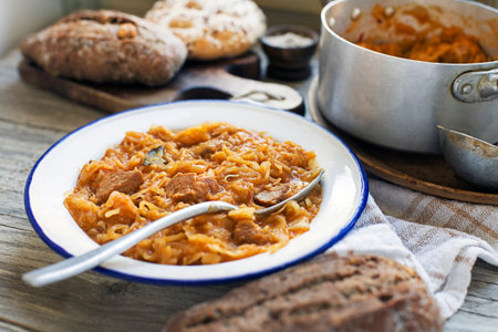 Szegedin Goulash with cabbage and meat. Traditional Slovenian cabbage stew with beef- pork goulashの写真素材