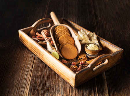 Delicious fresh homemade gingerbread cookies on rustic table background