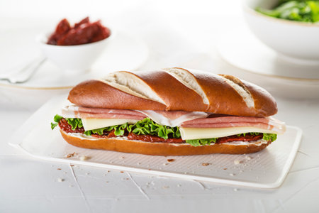 Served sandwich with prosciutto, cheese, dried tomato and lettuce. Delicious healthy breakfast tableの写真素材