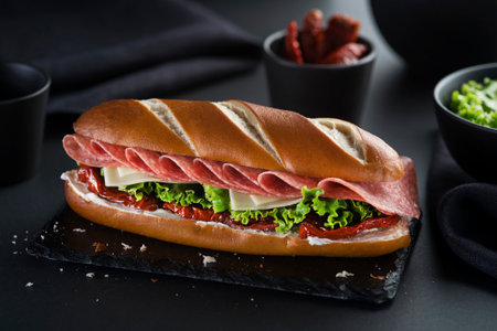 Sandwich is filled with layers of thinly sliced salami, cheese, dried tomato and lettuce on black backgroundの写真素材