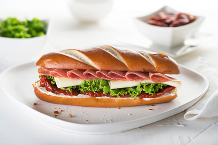 Sandwich is filled with layers of thinly sliced salami, cheese, dried tomato and lettuce  on white backgroundの写真素材