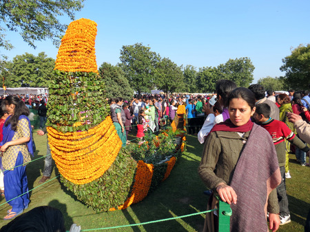 Visitors admiring flower art and posing for picture at Zakir Hussain Rose Garden during Rose Festival in Sector 16, Chandigarh, India, Asia.のeditorial素材
