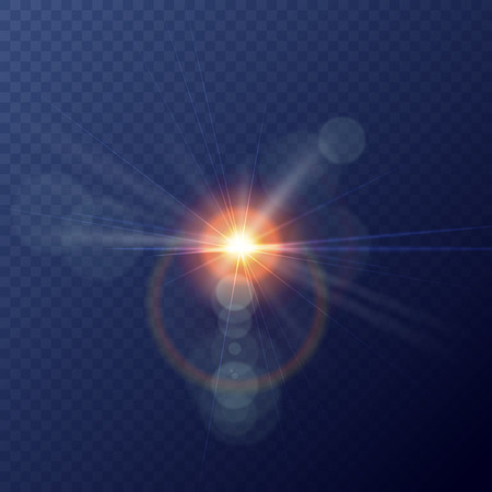 Vector yellow sun with rays and glow on transparent like background. Vector illustrationのイラスト素材