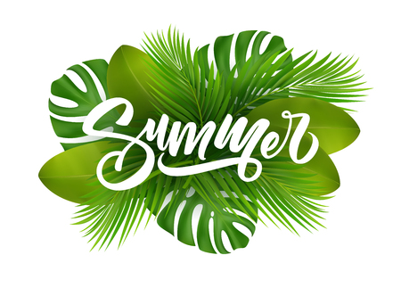 Summer poster with tropical palm leaf . Vector illustrationのイラスト素材