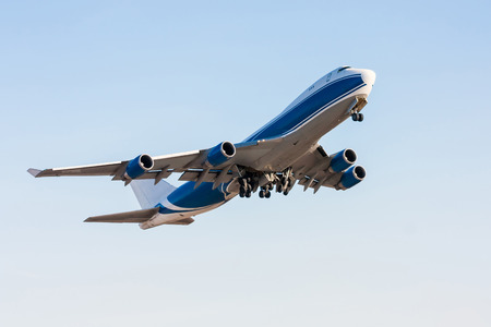 Wide body cargo airplane in the airの写真素材