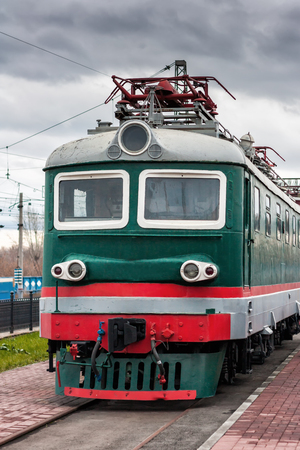 Electric locomotive on the station platformの写真素材