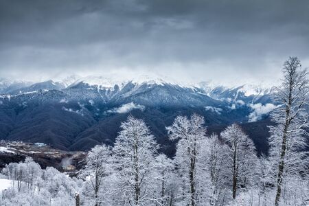 High mountain peaks covered with snow on a winter cloudy dayの写真素材