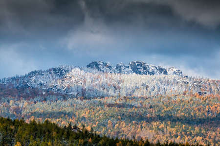 Autumn forest and rocky mountains covered with snow on a cloudy day