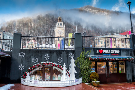 Sochi, Russia - December 24, 2018: Rosa Khutor Alpine Resort. The ski resort of world class. Krasnaya Polyana, Krasnodar region, Sochi, Russiaのeditorial素材