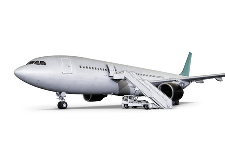 Wide body passenger airliner with air-stairs at the airport apron isolated on white background