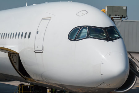 Close-up of the front of the white wide body passenger aircraft at the jetwayの写真素材