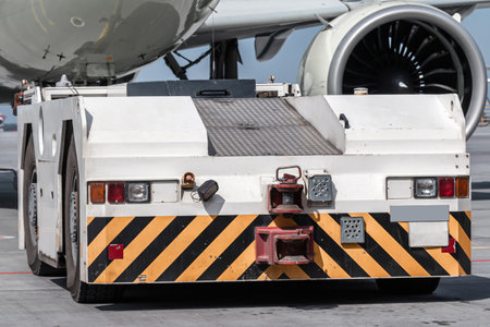 Close-up tow tractor pushes the passenger jetlinerの写真素材
