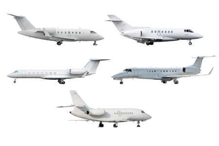 Set of five different white business jets isolated on white backgroundの写真素材