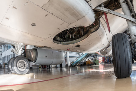 Close-up on the main landing gear of a white passenger aircraft and the bottom of the fuselage. The airplane is serviced in the hangarの写真素材