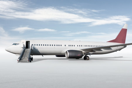 Passenger jet plane with a stairway on bright background with skyの写真素材