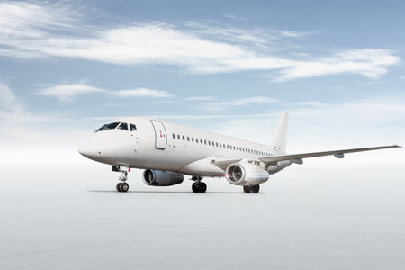 White passenger airplane isolated on bright background with skyの写真素材