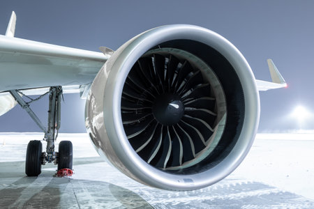 Close-up of engine of big passenger airliner at winter nightの写真素材