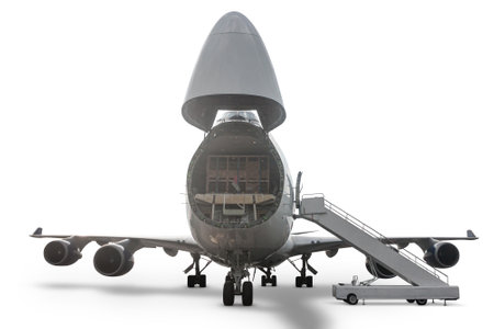 Front view of the wide body cargo airplane with an open nose hatch isolated on white background