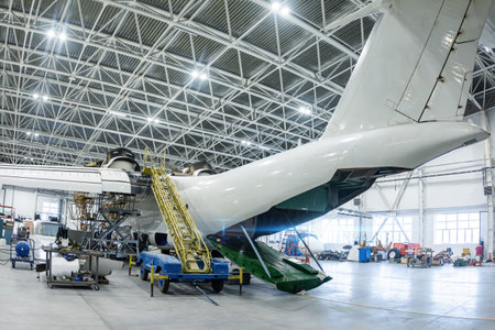 White transport aircraft in the hangar. Airplane under maintenance. Checking mechanical systems for flight operationsの写真素材