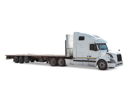 White long distance bonnet truck with a semitrailer isolated on white backgroundの写真素材