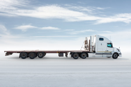 White long distance bonnet truck with a semitrailer isolated on bright background with skyの写真素材