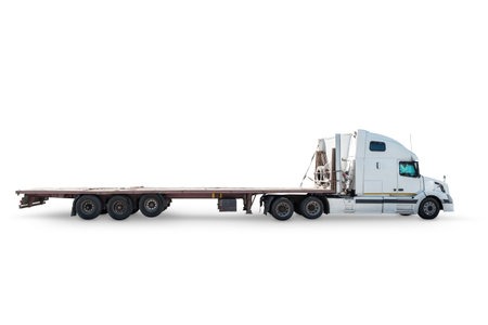 White long distance bonnet truck with a semitrailer isolated on white backgroundの写真素材