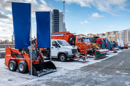 Exhibition of snow removal equipment on a clear winter dayの写真素材