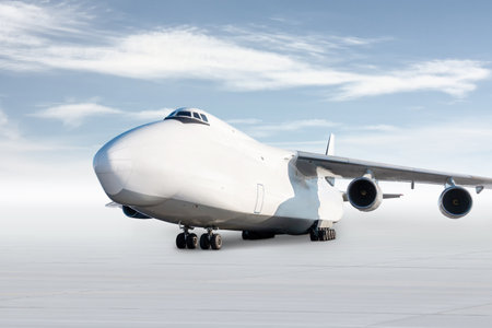 White wide body transport cargo aircraft isolated on bright background with sky