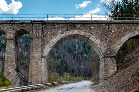 A stone bridge over a forest mountain road in the form of an arched viaductの写真素材
