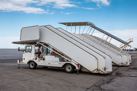 Passenger boarding stairs at the parking lot at the airportの写真素材