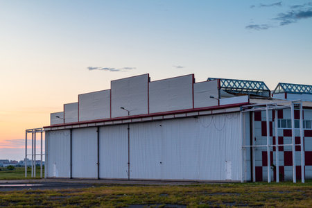 Aircraft hangar outside on an early summer morningの写真素材