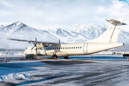 White passenger turboprop airplane on the winter airport on the background of high snow capped...
