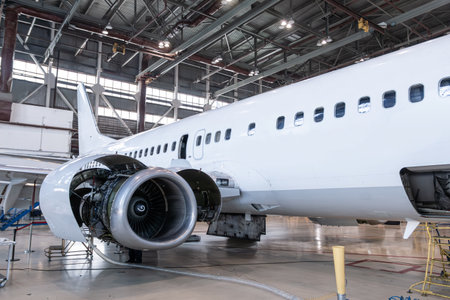 White passenger airliner in the airplane hangar. Aircraft under maintenance. Checking mechanical...