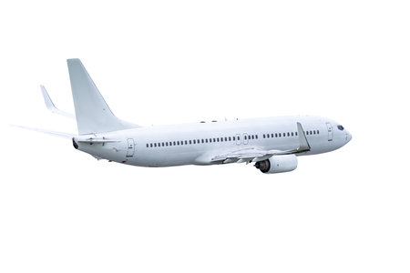 Passenger airplane fly isolated on white backgroundの写真素材