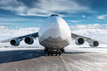 Close-up of the front view of the white wide body transport cargo airplane at winter airport on the background of high scenic mountainsの写真素材