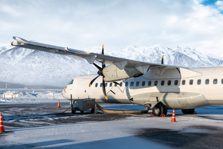Close-up of the white passenger turboprop plane on the winter airport on the background of high snow...