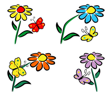 Four colorful flower with butterfliesのイラスト素材
