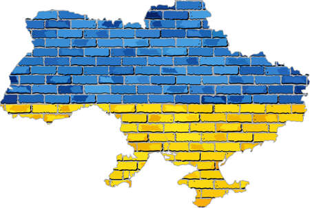 Ukraine map on a brick wall,  Grunge map and flag of Ukraine on a brick wall,  Ukraine map with flag inside,  Ukraine map painted on brick wall,  Ukrainian flag in brick styleのイラスト素材