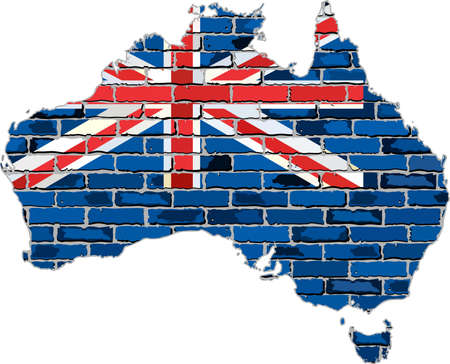Australia map on a brick wall, Grunge map and flag of Australia on a brick wall,  Map of the Australia with flag inside,  Australia map painted on brick wall,  Australian national flag in brick styleのイラスト素材