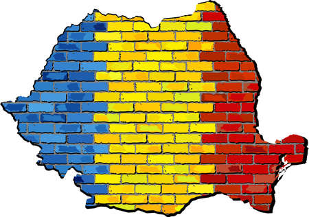 Romania map on a brick wall,  Romania map with flag inside,  Grunge map and Romanian flags on a brick wall,  Romania flag in brick styleのイラスト素材
