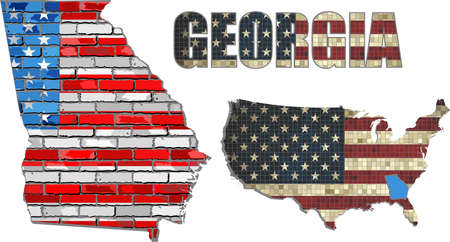 USA state of Georgia on a brick wall - Illustration, The flag of the state of Georgia on brick textured background,  Georgia Flag painted on brick wall, Font with the United States flag,  Georgia map on a brick wallのイラスト素材