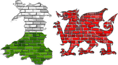 Wales map on a brick wall - Illustration, Wales map and The Red Dragon in brick style,  Grunge map and Welsh flag on a brick wallのイラスト素材