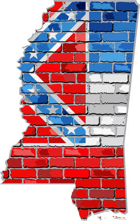 Mississippi map on a brick wall - Illustration,   The state of Mississippi map with flag inside,  Grunge map and flag state of Mississippi on brick textured background,  Mississippi flag in brick styleのイラスト素材