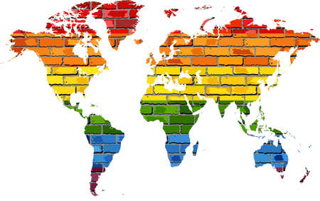Map of World in colors of pride flag - Illustration,  World map lgbt love colors in brick style, ...