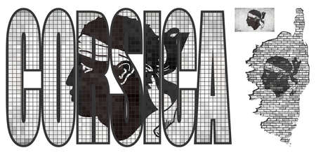 Corsica map on a brick wall - Illustration,   Font with Corsican flag, Abstract mosaic Flag of Corsicaのイラスト素材