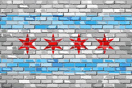 Flag of Chicago on a brick wall - Illustration,  The flag of the state of Chicago on brick background,  Chicago flag in brick styleのイラスト素材